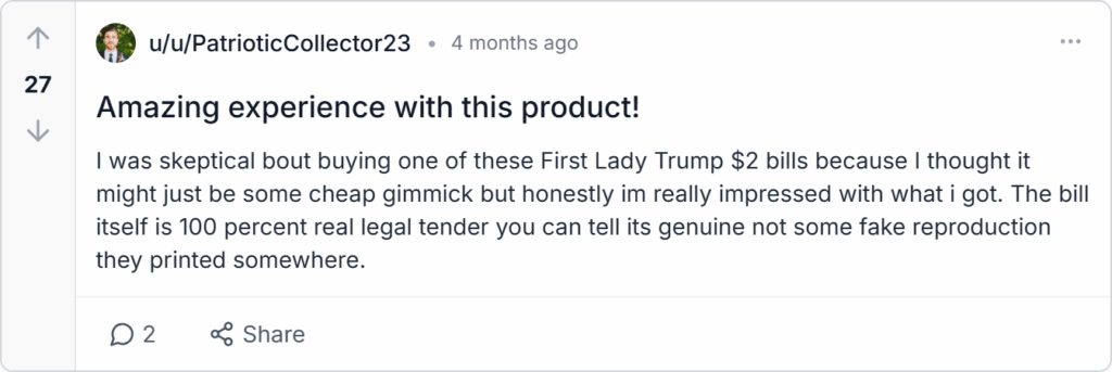 First Lady Melania Trump $2 Bill Reviews