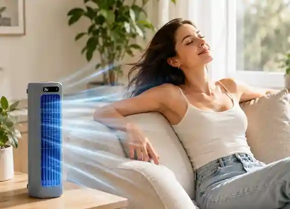 SaviChill portable air cooler cooling woman on couch at home
