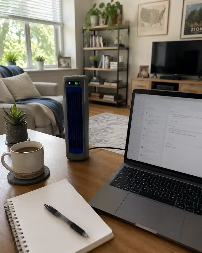 SaviChill portable cooling device on a home office desk providing personalized cooling for remote work