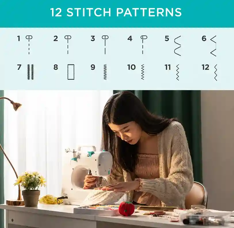 6V portable sewing machine with 12 stitch patterns