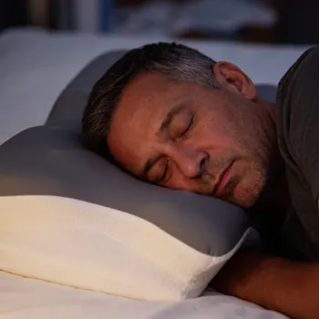 Man sleeping on Arca memory foam pillow.
