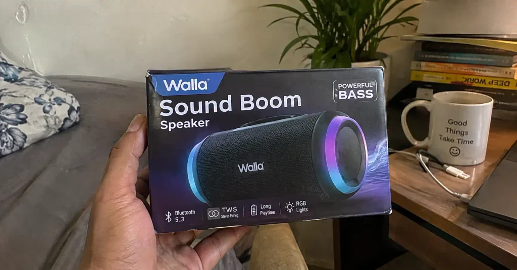 walla sound boom speaker in hand