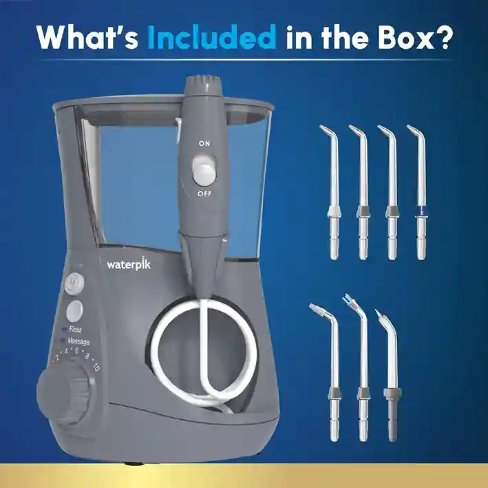 Waterpik Aquarius countertop water flosser with seven tips