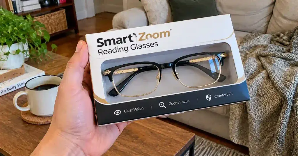 smart zoom reading glasses in hand